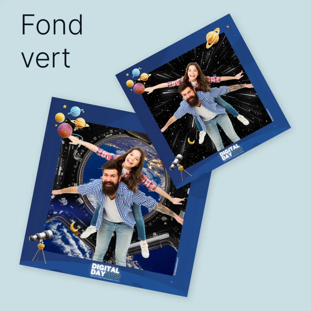 Photo prise avec un photobooth Tcheezebox utilisant un fond vert pour incruster les participants dans un décor dans l'espace.