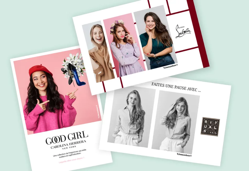 Photos imprimées avec un template personnalisé aux couleurs d’une campagne publicitaire.