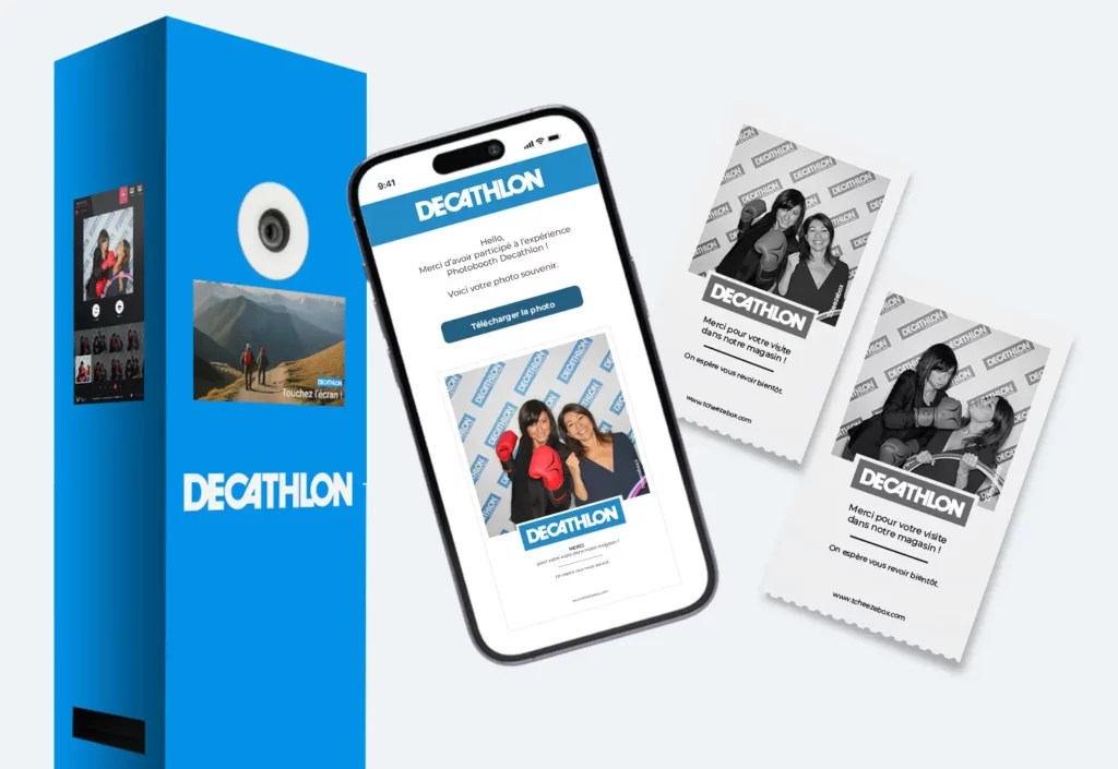 Borne photo personnalisée Decathlon avec impression instantanée et envoi digital des photos sur smartphone.